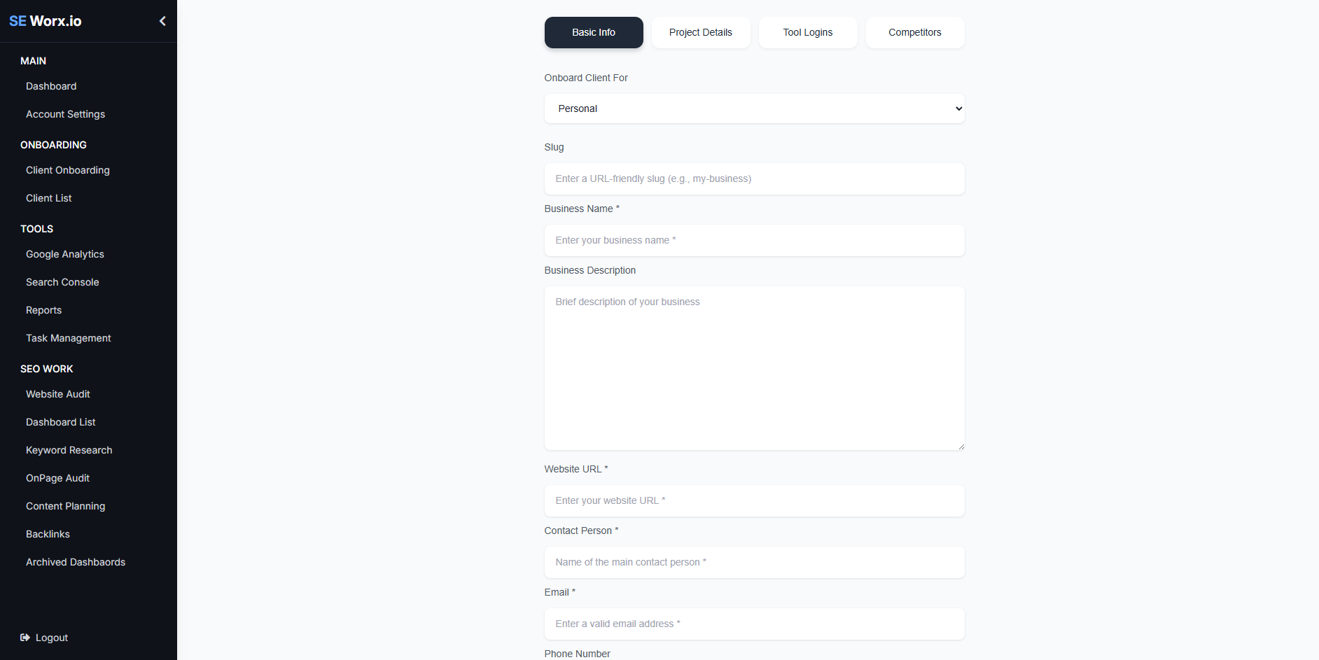 SEWorx Dashboard Interface